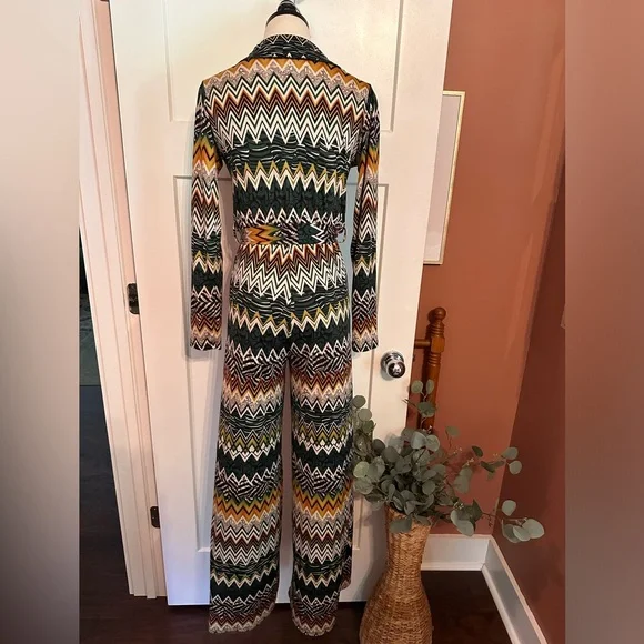 Kathi Rich Emerald zig zag pattern collar S faux wrap belt long sleeve jumpsuit - Picture 8 of 15